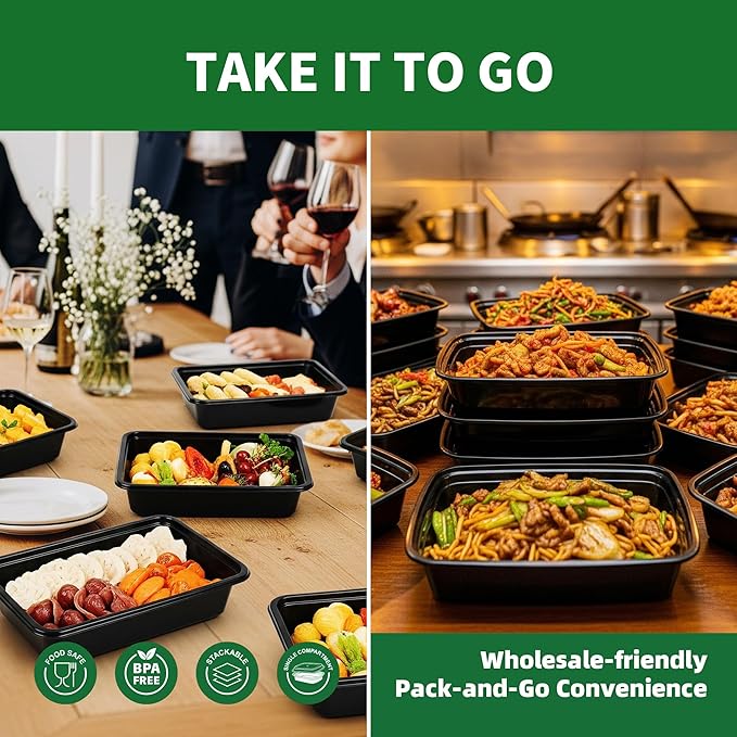 Meal Prep Containers, 50 Pack 16oz (100-Piece) Disposable Take Out Food Storage Containers with Leakproof Lids, Reusable Plastic To Go Lunch Boxes, BPA Free, Microwave/Dishwasher/Freezer Safe