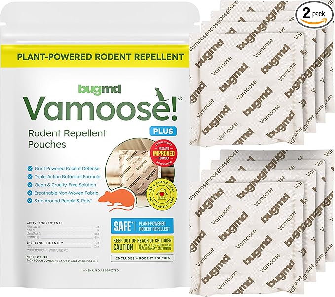 BugMD Vamoose Plus Peppermint Oil Mouse Repellent Pouches | Natural Mice Repellent Indoor & Rat Deterrent for House, Garage, RV, Car & Storage | Plant-Powered Rodent Control - 2 Pack - 8 Pouches