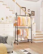 Sakugi Metal Clothes Rack - Clothing Racks for Hanging Clothes with Two Hanging Rods, 4 Hooks & Mesh Shelf, Triangular Coat Rack for Bedroom, Closet, Laundry Room, 36.5" x 16.9" x 70.3",Black