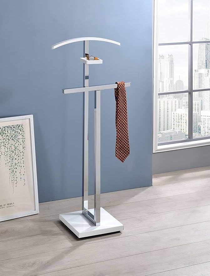 Kings Brand Furniture Vaccaro Metal Suit Valet Stand – Freestanding Clothes Organizer with Jacket Hanger, Pants Bar, Tie Holder & Storage Shelf – Modern Bedroom Garment Rack, White/Chrome