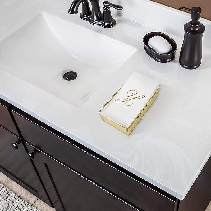 AH AMERICAN HOMESTEAD Disposable Hand Towels for Bathroom 50 Count - Guest Bathroom Essentials -Bathroom Paper Towels - Monogrammed Disposable Napkins - Wedding Napkins in Paper Towel Tray (Gold, H)