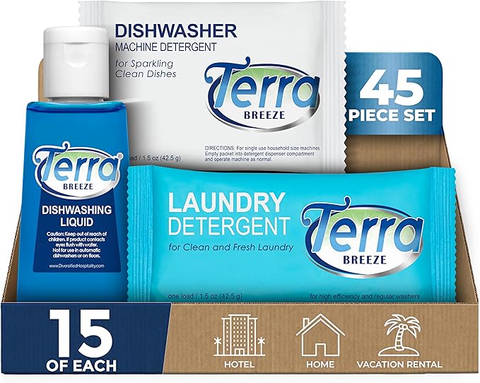 Travel Laundry Detergent & Dish Soap | Terra Breeze 1-Shoppe Amenities Kit | Laundry Soap, Dish Soap | 45 Pieces