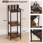 Bathroom Storage and Organizer Shelf Hair Dryer Holder, 9.85in 3-Tier Narrow Metal Standing Rack with Toilet Paper Holder, Corner Stand for Cosmetic, Vanity, Kitchen, Laundry Rustic Brown