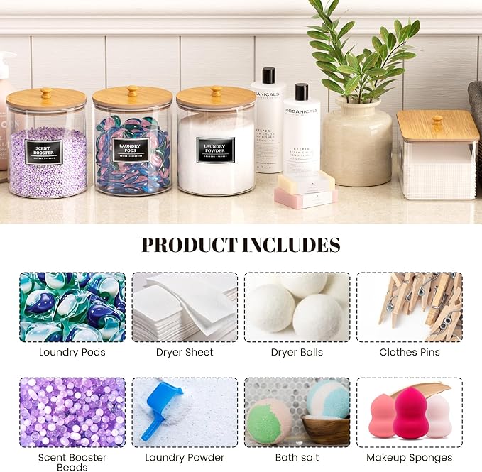 3+1 Pack Glass Laundry Pods Container & Acrylic Dryer Sheet Holder, Clear Laundry Room Organization Containers with Bamboo Lids & Labels, Powder Laundry Detergent Container for Scent Booster, Powder