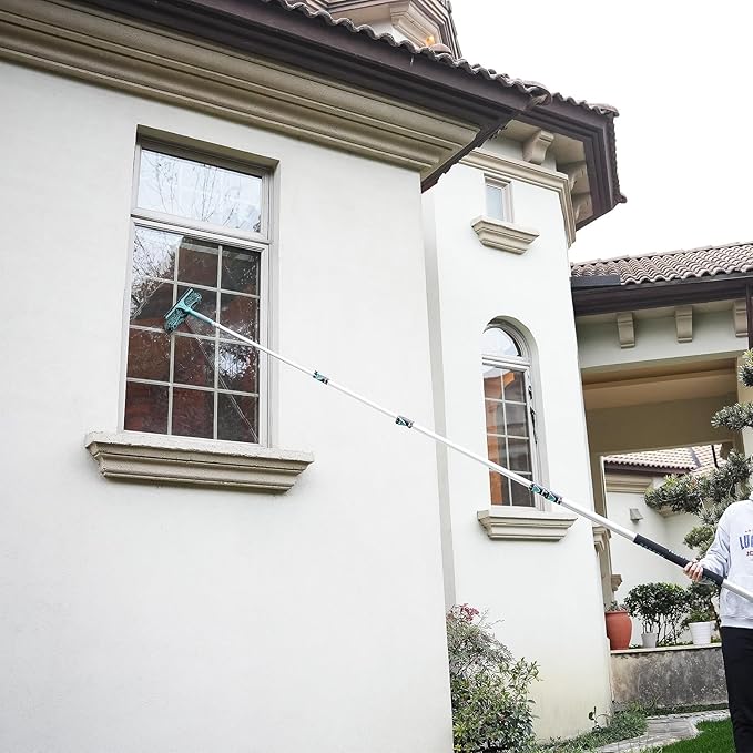 36 Feet High Reach Window Squeegee with 7-30 Ft Extension Pole, Window Cleaner Tool with 5-Stage Telescoping Pole, Window Cleaning Kit with Rotatable Head (2 Squeegee & 2 Microfibre Cloths)