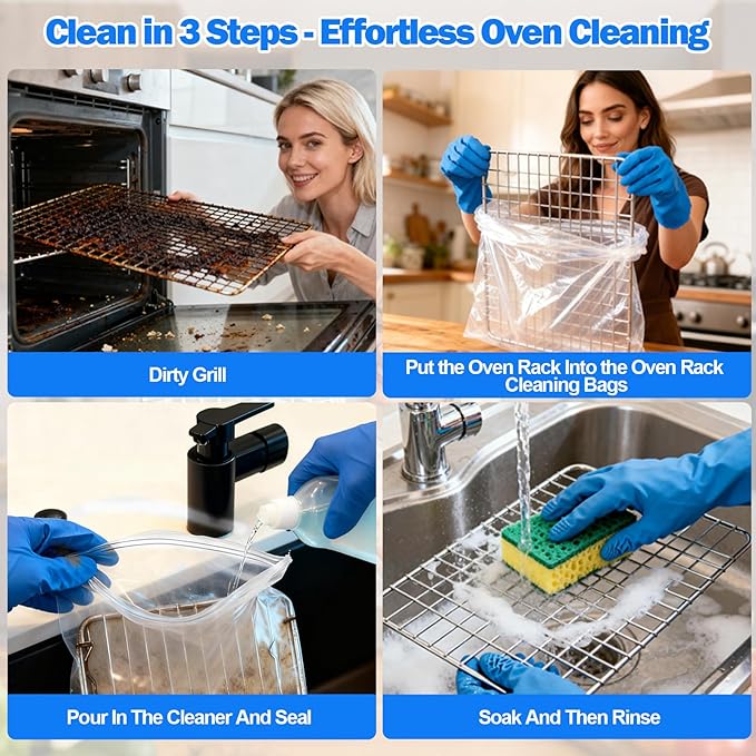Palksky Oven Rack Cleaning Bags, 27.5''*19.6'' Heavy Duty No Scrub Oven Rack Cleaning Bags, Reusable Leak-Resistant PE Bags for Deep Soaking Grill Grates, BBQ Racks, No Cleaner Included, 3 Pack