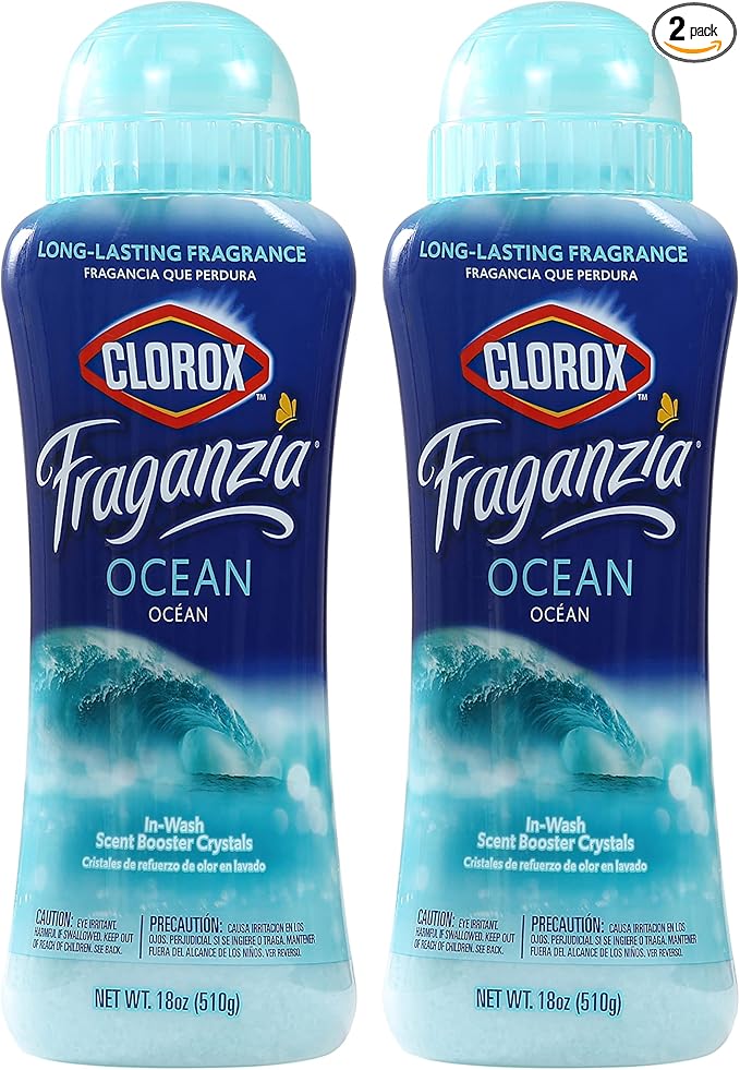 Clorox Fraganzia Laundry Scent Booster Crystals, In-Wash Fragrance Beads for Fresh-Smelling Clothes & Linens, Safe for All Fabrics & Colors, Easy-Pour Bottle, Ocean Scent, 18 Oz, 2 Pack