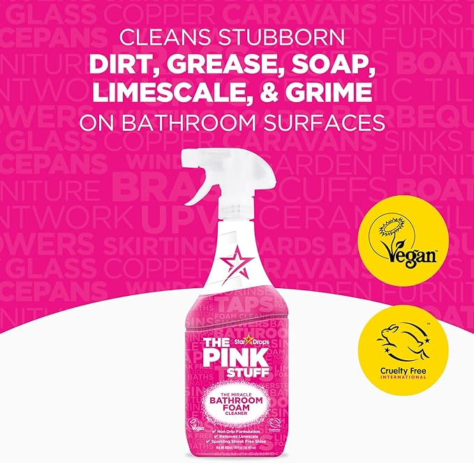 Stardrops - The Pink Stuff Miracle Bathroom Foam Cleaner, 30 fl oz – Now 20% More! Powerful Foaming Action for Showers, Sinks, Tubs & Tiles – Removes Soap Scum, Limescale & Grime with Ease (Pack of 3)