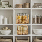 Casafield Set of 2 Water Hyacinth Pantry Baskets with Handles - Natural, Woven Storage Bin Organizers for Kitchen Shelves, Medium and Large Sizes