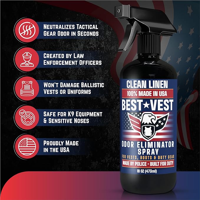 Odor Eliminator Spray for Tactical Gear Vest Carriers Boots and Uniforms Clean Linen Scent 16 fl oz Single Bottle Non Toxic Made in USA