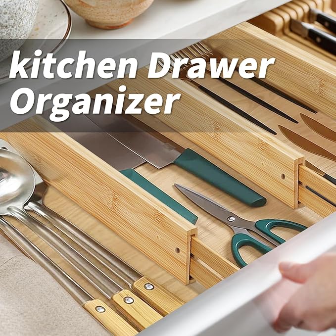 Aubeco Bamboo Drawer Organizers 4 Pack, 17-22" Adjustable Spring Loaded Dividers for Kitchen Utensils, Silverware, Clothes, Dresser, Bathroom and Office Storage