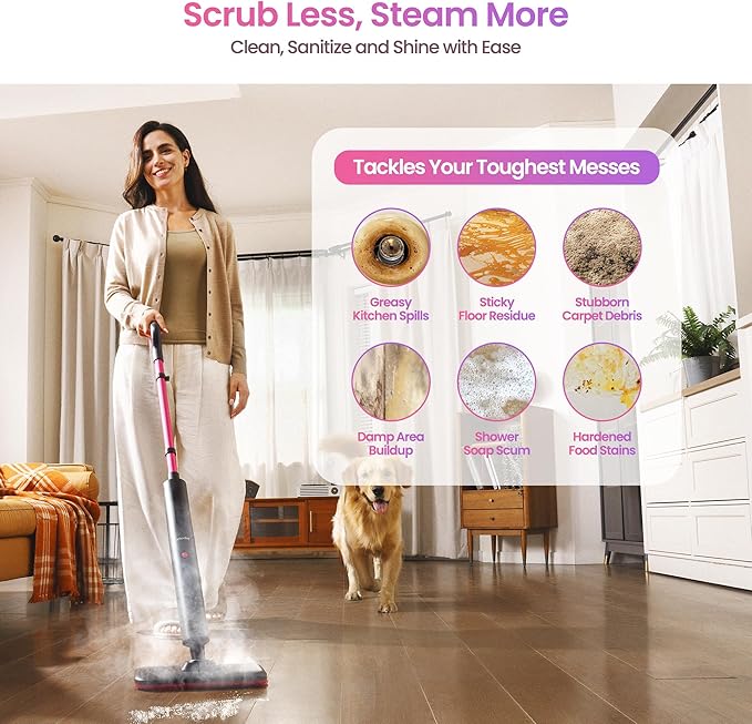 Schenley Steam Mop Cleaner Powerful - 15s Fast Heat-Up, Chemical-Free for Hardwood/Tile/Laminate & Floors/Walls, Washable Pads, 3 Modes for Carpet, Lightweight, Self-Standing, Sleek Design