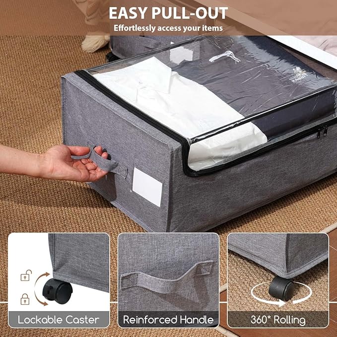 FOUCSSOMEI 4-Packs Under Bed Storage with Wheels, Under The Bed Storage Drawers On Wheels, Rolling Underbed Drawers, Lockable, Heavy Duty, XXXXL Size 90L