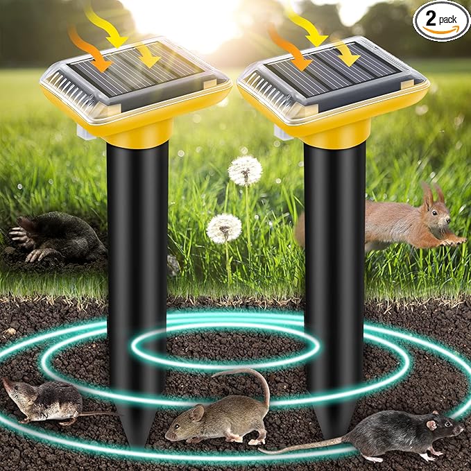 Solar Mole Repellent, Ultrasonic Gopher Repeller Outdoor, Solar Powered Waterproof Snake Repellent Deterrent Gopher Vole Snake Pest and Other Animals from Lawn Garden Yard Home(2 Packs)