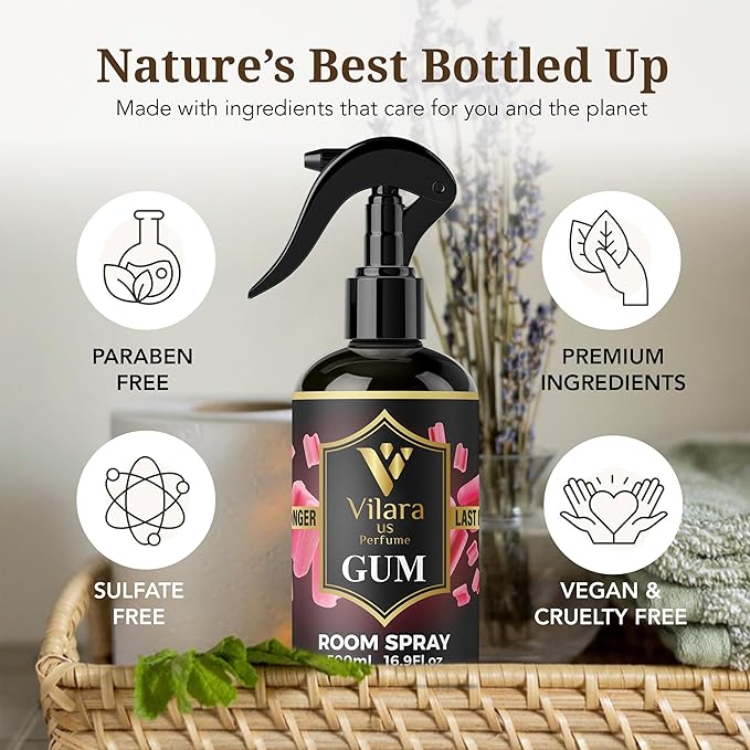 Vilara US Room Spray Freshener – Long-Lasting Luxury Perfume Scent, Linen & Fabric Spray for Bedding, Furniture, Home & Bedroom Aromatherapy – 16.9 fl oz (Gum)