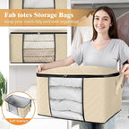Fab totes 4 Pack Clothes Storage, Foldable Thick Fabric Blanket Storage Bags, Containers for Organizing Bedroom, Closet, Clothing, Comforter, Organization with Handle,Beige