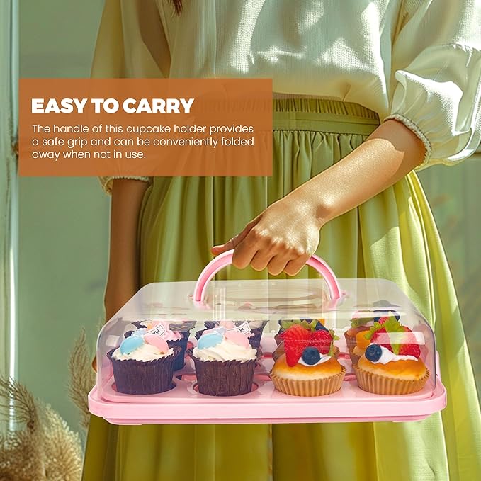 NPLUX Cupcake Containers with Lid Rectangular Cake Carrier 3-in-1 Multipurpose Cupcake Holder for Muffins Pies Sweets Pastries Fruit or Snacks(Pink, 13" x 9" x 4")