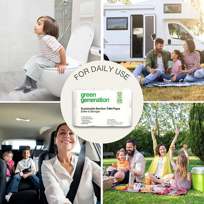 Green Generation Bamboo Toilet Paper & Facial Tissues Bundle – 3-Ply Soft, Organic, Hypoallergenic, Septic Safe, FSC Certified