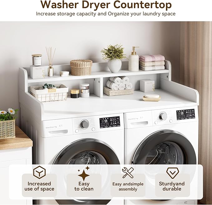 Garvee 54" Washer Dryer Countertop with 2-Tier Shelf, Wooden Laundry Countertop with Non-Slip Pad and Guard Rails, Washer and Dryer Topper for Laundry Room Organization