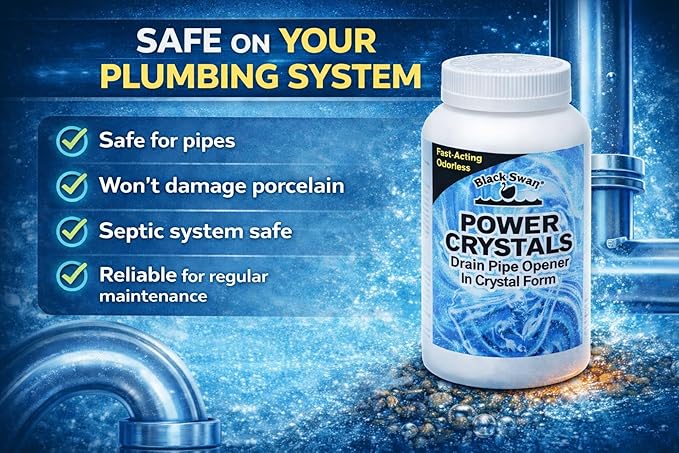 Black Swan 09177 Power Crystals Drain Opener, 2 lbs (32 oz) - Heavy Duty Crystal Formula for Cleaning Clogged Drain Pipes Due to Grease, Food Scraps - Safe for Plumbing & Septic Systems