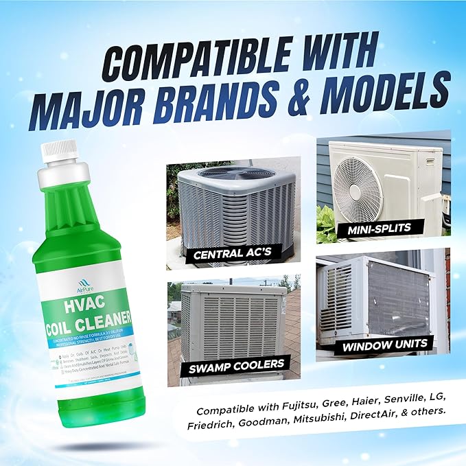 AC Evaporator Coil Cleaner - 1 Quart (946mL), No-Rinse Formula, Metal-Safe Corrosion Inhibitors – Cleans Air Conditioners, Condensers, HVAC, Mini Splits, Heat Pumps – Residential & Commercial Use