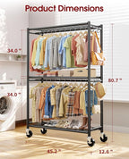 Sakugi Clothes Rack - Double Hanging Rod Clothing Rack with Wheels & Leveling Feet, Large Capacity Wardrobe Closet with Shelves for Bedroom, Laundry Room, Entryway, 45.2" x 12.6" x 80.7", Black