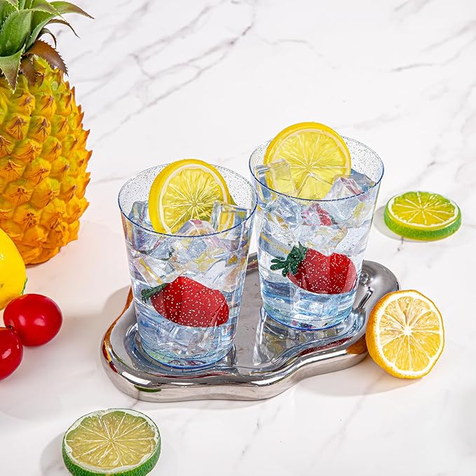 DaYammi 100 Pack Blue Plastic Cups 10 oz Disposable Cups Tumblers, Elegant Blue Glitter Party Drinking Cup Perfect for Wedding, Fancy Disposable Cup Plastic Cocktail Glasses Wine Glasses for Party