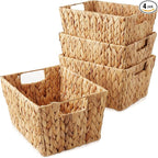 Casafield Set of 4 Water Hyacinth Storage Baskets with Handles - Natural, Woven Rectangular Storage Bins for Shelves, Blankets, Laundry Organization