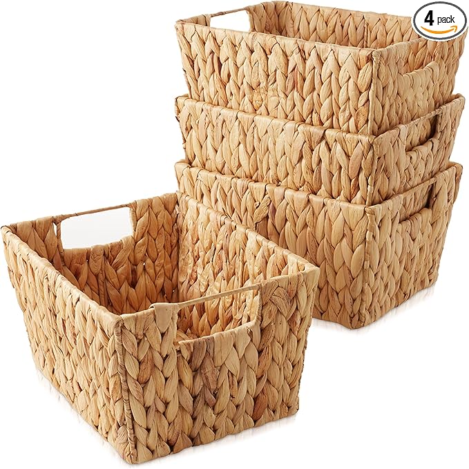 Casafield Set of 4 Water Hyacinth Storage Baskets with Handles - Natural, Woven Rectangular Storage Bins for Shelves, Blankets, Laundry Organization