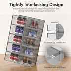 Foluck X-Large Shoe Storage Box, 15 Pack Clear Plastic Stackable Shoe Organizer for Closet, Interlocking Design Shoe Container Bins for Sneakers, Foldable Shoe Rack with Lids, Gray