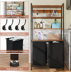 Furnulem 4 Tiers Laundry Hamper with Shelf and Hooks, Tall Laundry Basket Sorter with 2 Removable Bags, Double Clothes Hampers Organizers for Bathroom Bedroom
