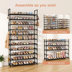 LANTEFUL 11 Tiers Tall Shoe Rack Holds 55 Pairs of Shoes with 18pcs Hooks Sturdy Wide Shoe Organizer Storage Free Standing Metal Shoe Shelf for Closet, Entryway Black