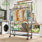 Ekisemio Double Rods Clothes Rack for Hanging Clothes, Rolling Clothing Rack with Wheels, 3-Tier Hanging Rack with Mesh Shelves, Holds 300 LBS for Bedroom, Laundry, Living Room, Black