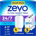 Zevo Flying Insect Trap & 3 Refill Cartridges - Plug in Fly Trap & Indoor Bug Catcher for Gnats, House & Fruit Flies - Blue & UV Light Technology, Mess-Free Alternative to Bug Zapper