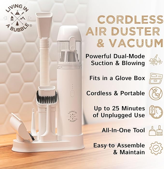 Living in a Bubble Cordless Air Duster & Mini Vacuum Set, Portable Handheld Wireless Vacuum for Car/Van