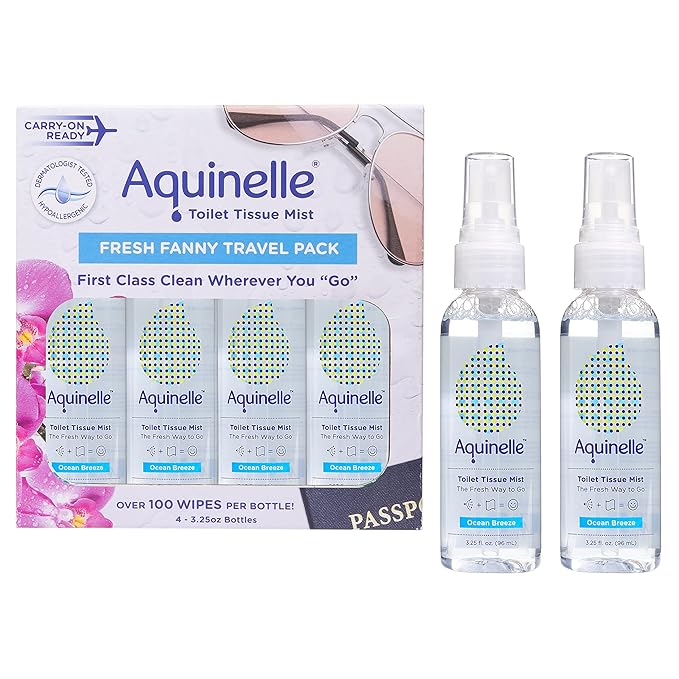 Aquinelle Toilet Tissue Mist Value Pack of 4 Convenient 3.25oz Bottles Non-Clogging Alternative to Flushable Wipes Simply Spray On ANY Folded Toilet Paper