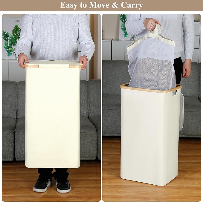 iEGrow Laundry Basket with Lid, 110L Large Laundry Hamper with Handle and Lid, Collapsible Clothes Basket Organizer with Removable Inner Bag for Clothes Toys Towels - Beige
