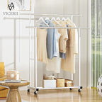 VICERII Double Clothing Rack, 55.51 Inch Garment Rack with Wheels and Bottom Shelf, 130LB Capacity Heavy Duty Rolling Clothes Racks for Hanging Clothes, Coats, Shirts, Sweaters, Skirts, White