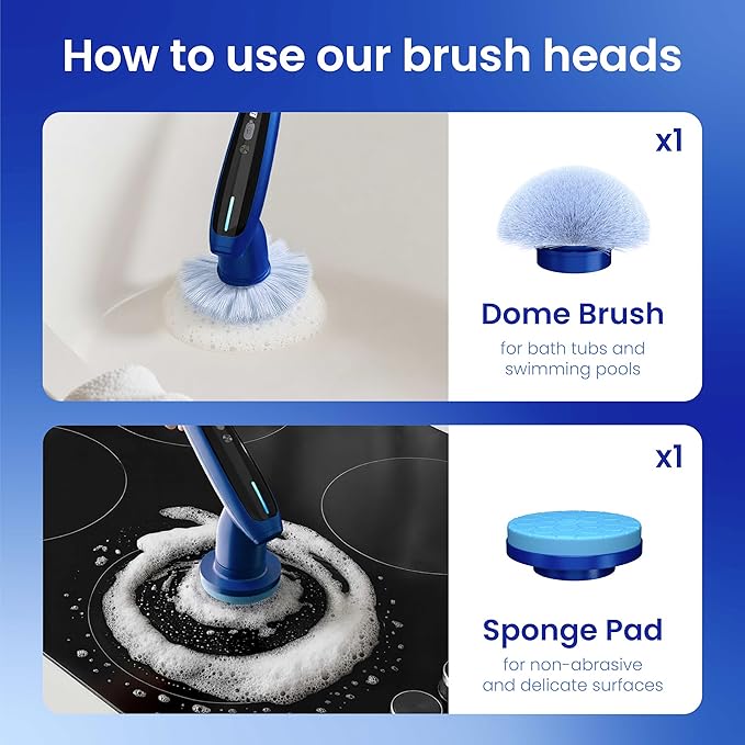 iKLYN Electric Spin Scrubber - Cordless Power with Long Handle, 8 Attachments, LED Display, 2 Speeds for Bathroom Shower Tub Bathtub Floor Cleaning