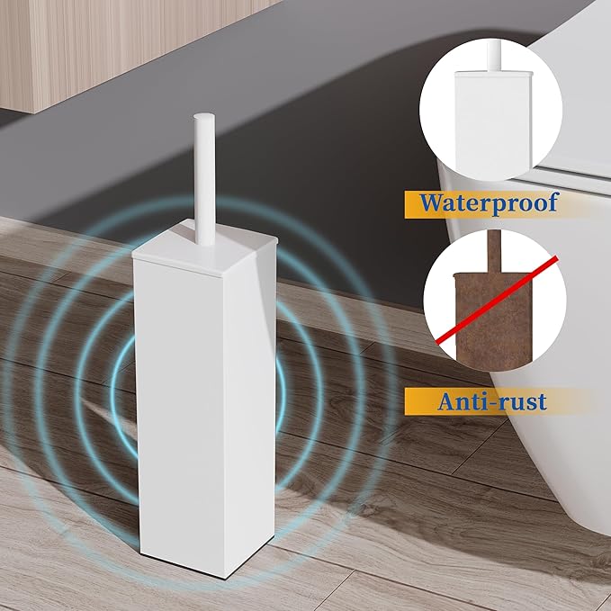 RUACQ Toilet Brush and Holder Set 2pcs,Square Toilet Bowl Brush for Bathroom with 304 Stainless Steel Handle Toilet Cleaner Brush with Durable Scrubbing Bristles,Splash-Proof (White)
