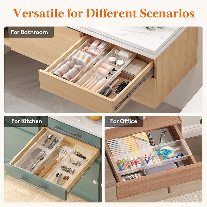Lifewit 2 Pack Sliding Makeup Drawer Organizer Trays with Inserts, Extendable Hanging Desk Drawer Divider, Fits 13-20" Deep Drawers for Vanity, Office, Kitchen, Translucent