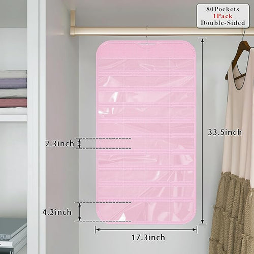1 Pack Hanging Jewelry Organizer 80-Pocket Dual-sided Jewelry Storage for Earring Necklace Bracelet Ring Travel Holder, Pink