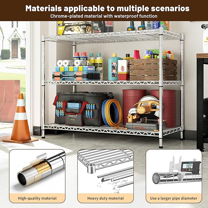 3- Shelf Metal Shelving Unit 35.6Wx14Dx36H,Adjustable Storage Shelves Heavy Duty Garage Steel Shelving for Office,Wire Rack Small Shelf for Kitchen Shelves Laundry Bathroom Pantry Closet,Chrome
