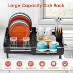TOOLF Dish Drying Rack, Expandable Dish Rack for Kitchen Counter, Anti-Rust Dish Drainer, Sink Organization and Storage Essentials with Cutlery & Cup Holder, Black