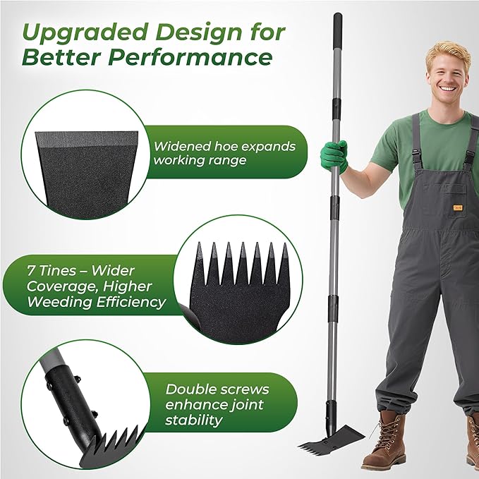 Walensee Weed Puller Tool with Long Handle, 64inch Manual Weeder Remover Tool, 7-Tines Weed Rake and 2-in-1 Hoe Garden Tool for Gardening, Uprooting Weeding Pull for Yard, Lawn, Patio and Garden