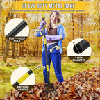 Leaf Rake, Small Rake for Leaves with 30"-75" Adjustable Long Handle, 11 Tines 8.5" Wide, Metal Rakes Heavy Duty for Lawns, Gardening, Yard, Camping, Shrub, Grass, Bush, Weed, Debris