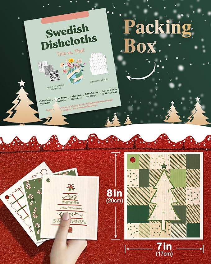 6 Pack Christmas Swedish Dishcloths for Kitchen - Reusable Dish Cloths for Washing Dishes Absorbent Cute Holiday Kitchen Towels Cleaning Sponge, Green Xmas Theme
