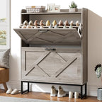 Nicetree Shoe Storage Cabinet with 2 Flip Drawers, Freestanding Shoe Organizer, Shoe Cabinet with Metal Legs, Narrow Shoe Rack Cabinet, Farmhouse Slim Shoe Cabinet for Entryway, Hallway, Rustic Gray