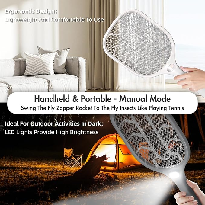 Lulant Electric Fly Swatter Racket,3000V Bug Zapper Racket,1800mA Battery Rechargeable Mosquito Killer, Type-C Rechargeable Base, Three-Layer Protective Safety Mesh for Indoor and Outdoor