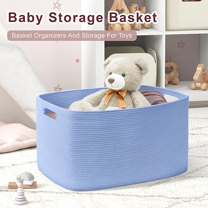 86L Large Baby Girls Laundry Basket for Nursery Storage,Cute Woven cotton Rope Baskets for Kids Toy，Gifts, Boho Square Wicker Blanket hamper for Living Room,Bedroom Dirty Clothes,Blue Purple